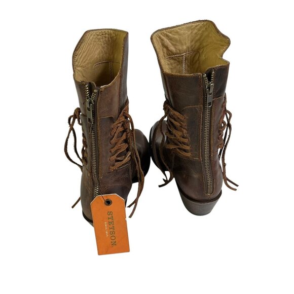 Stetson Womens Emory Boots Handmade Brown Distressed Leather Laced Western NEW - Picture 4 of 6